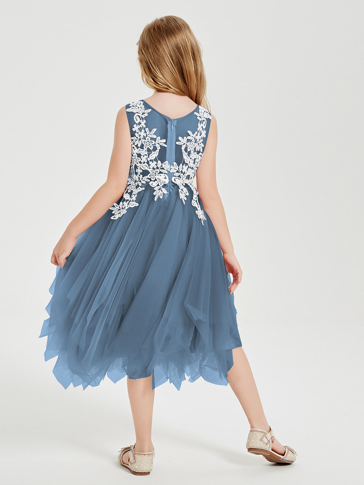 Tea Length Tulle Junior Bridesmaid Dresses Slate Blue